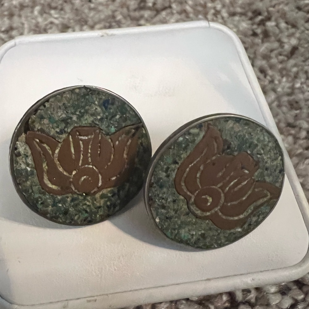 Rare Mexican Silver with Amazonite and gold gilt. Two Lotus stud earrings.